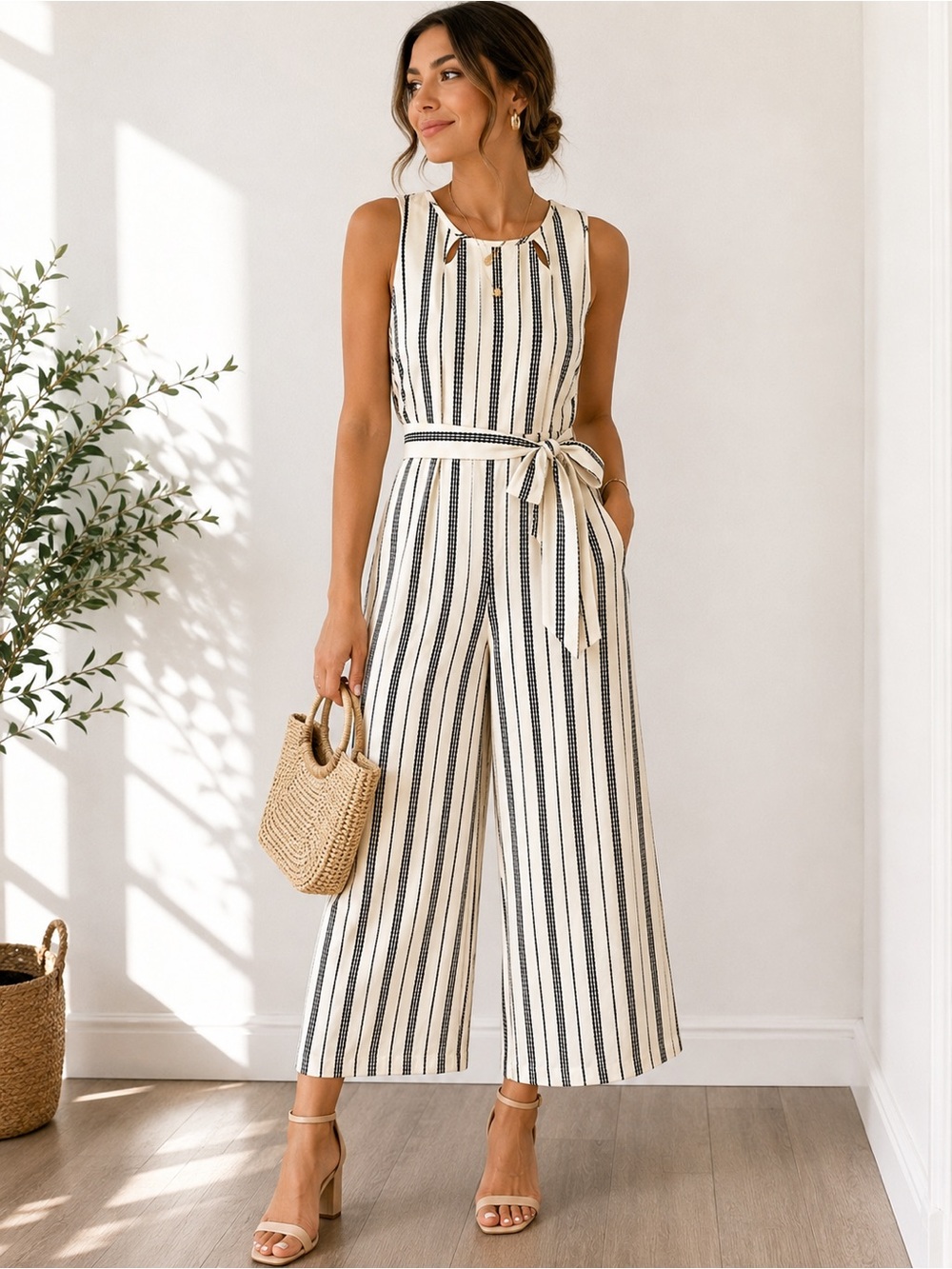 Danny & Nicole White Black Striped Wide Leg Cutout Back Jumpsuit NWT Size 10